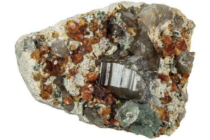 Spessartine Garnets and Smoky Quartz on Feldspar - China #238159